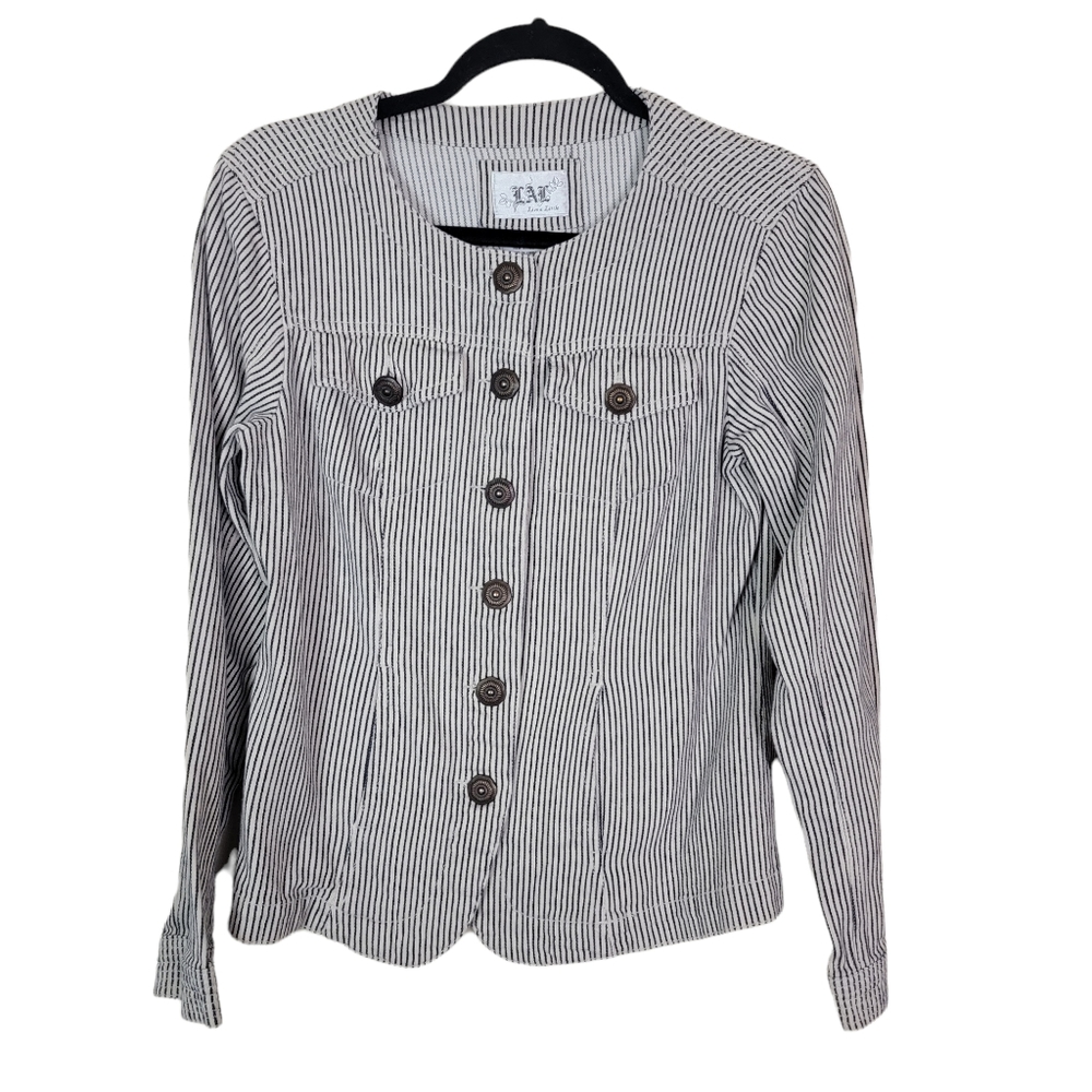 LAL Live a Little Brown White‎ Striped Cotton Button Up Jacket Sz M